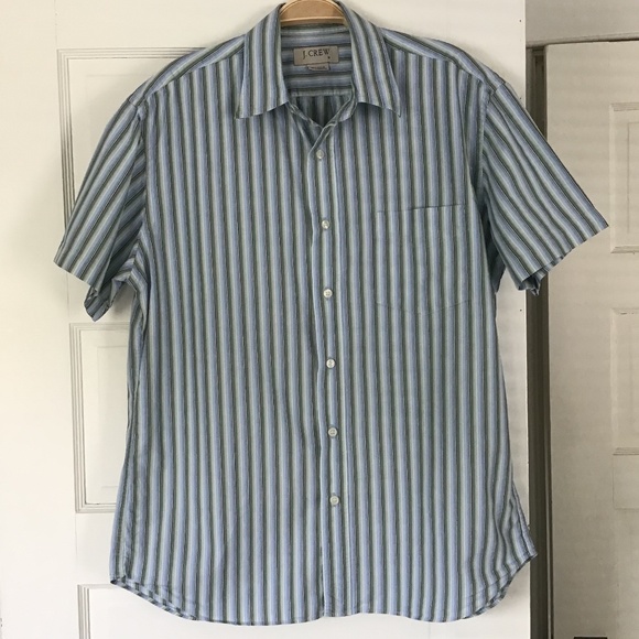 J. Crew Men's Short Sleeve Cotton Shirt Medium Blue Green Stripe - Picture 6 of 10
